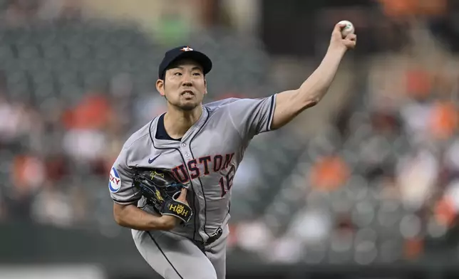 Houston Astros pitcher Yusei Kikuchi throws during the first inning of a baseball game against the Baltimore Orioles, Sunday, Aug. 25, 2024, in Baltimore. (AP Photo/Terrance Williams)