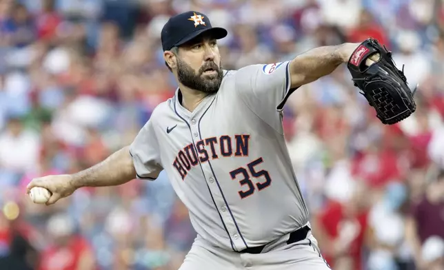 Houston Astros pitcher Justin Verlander throws in the first inning of a baseball game against the Philadelphia Phillies, Tuesday, Aug. 27, 2024, in Philadelphia. (AP Photo/Laurence Kesterson)