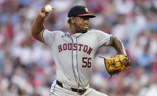 Houston Astros' Ronel Blanco pitches during the second inning of a baseball game against the Philadelphia Phillies, Monday, Aug. 26, 2024, in Philadelphia. (AP Photo/Matt Slocum)