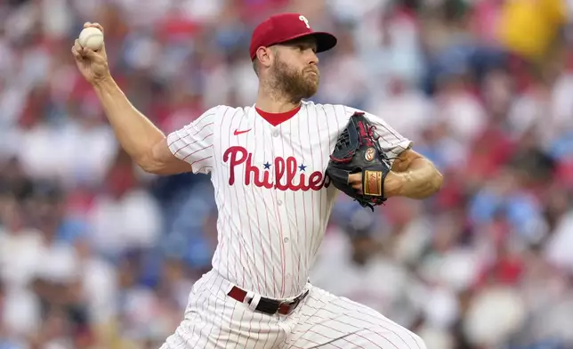 Philadelphia Phillies' Zack Wheeler pitches during the second inning of a baseball game against the Houston Astros, Monday, Aug. 26, 2024, in Philadelphia. (AP Photo/Matt Slocum)