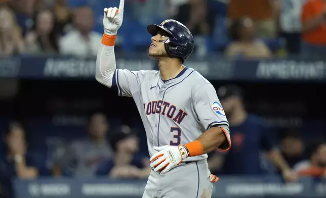 Houston Astros' Jeremy Pena celebrates his home run off Tampa Bay Rays starting pitcher Shane Baz during the sixth inning of a baseball game Tuesday, Aug. 13, 2024, in St. Petersburg, Fla. (AP Photo/Chris O'Meara)