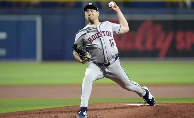 Houston Astros starting pitcher Yusei Kikuchi, of Japan, delivers to the Tampa Bay Rays during the first inning of a baseball game Tuesday, Aug. 13, 2024, in St. Petersburg, Fla. (AP Photo/Chris O'Meara)