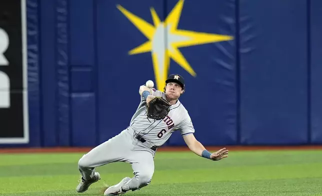 Houston Astros center fielder Jake Meyers (6) makes a sliding catch on a fly out by Tampa Bay Rays' Christopher Morel during the fourth inning of a baseball game Tuesday, Aug. 13, 2024, in St. Petersburg, Fla. (AP Photo/Chris O'Meara)