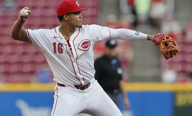 Cincinnati Reds third baseman Noelvi Marte throws out Oakland Athletics' Daz Cameron during the second inning of a baseball game Tuesday, Aug. 27, 2024, in Cincinnati. (AP Photo/Jay LaPrete)