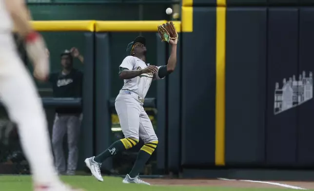 Oakland Athletics right fielder Lawrence Butler catches a fly ball hit by Cincinnati Reds' TJ Friedl during the sixth inning of a baseball game ,Tuesday, Aug. 27, 2024, in Cincinnati. (AP Photo/Jay LaPrete)