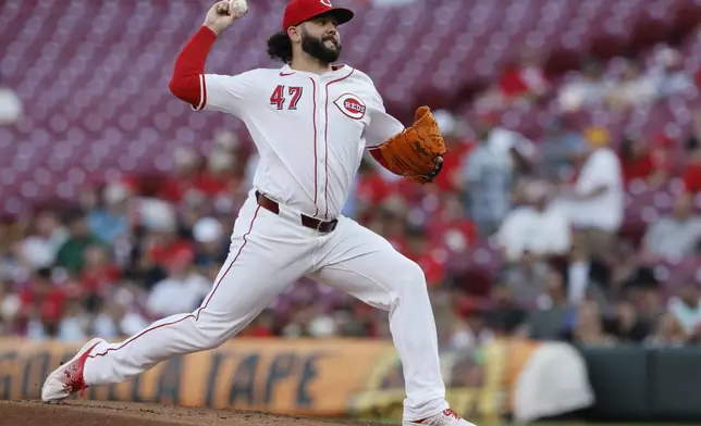 Cincinnati Reds starting pitcher Jakob Junis throws against the Oakland Athletics during the first inning of a baseball game Tuesday, Aug. 27, 2024, in Cincinnati. (AP Photo/Jay LaPrete)