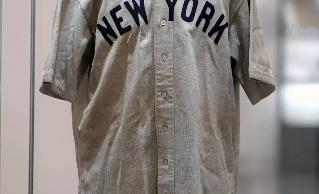 The 1932 Babe Ruth game worn New York Yankees World Series "Called Shot" jersey is displayed at Heritage Auction in Irving, Texas, Wednesday, Aug. 21, 2024. (AP Photo/LM Otero)