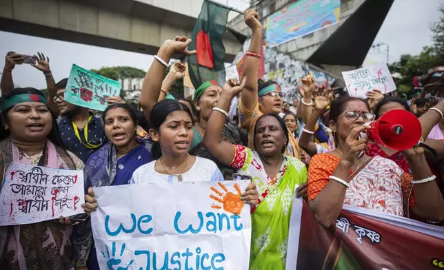 Hindus in Bangladesh hold a rally condemning violence against them and other religious groups in the Muslim-majority country, in Dhaka, Bangladesh, Monday, Aug. 12, 2024. (AP Photo/Rajib Dhar)