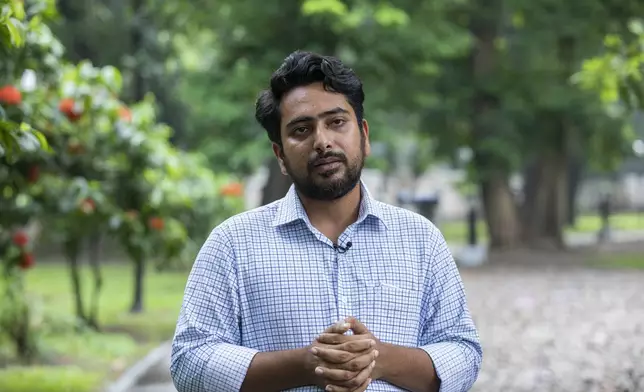 Nahid Islam, a student protester who was sworn in as a minister in Bangladesh's interim government last week, talks to the Associated Press in Dhaka, Bangladesh, Sunday, Aug. 11, 2024. (AP Photo/Rajib Dhar)