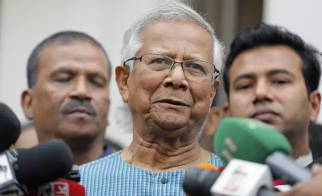 FILE- Nobel laureate Muhammad Yunus speaks to the media after he was granted bail by a court in an embezzlement case, in Dhaka, Bangladesh, Sunday, March 3, 2024. (AP Photo/Mahmud Hossain Opu, File)