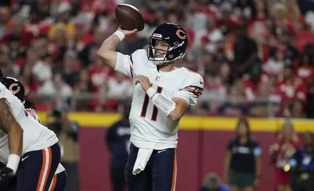 Chicago Bears quarterback Brett Rypien throws during the first half of an NFL preseason football game against the Kansas City Chiefs Thursday, Aug. 22, 2024, in Kansas City, Mo. (AP Photo/Ed Zurga)