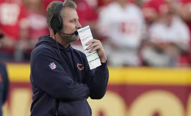 Chicago Bears head coach Matt Eberflus watches from the sidelines during the first half of an NFL preseason football game against the Kansas City Chiefs Thursday, Aug. 22, 2024, in Kansas City, Mo. (AP Photo/Charlie Riedel)