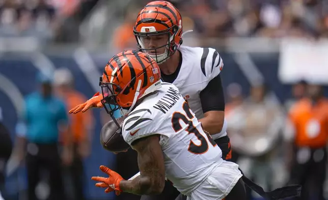 Cincinnati Bengals quarterback Logan Woodside (11) hands the ball off to running back Trayveon Williams (32) during the first half of an NFL preseason football game against the Chicago Bears, Saturday, Aug. 17, 2024, at Soldier Field in Chicago. (AP Photo/Erin Hooley)