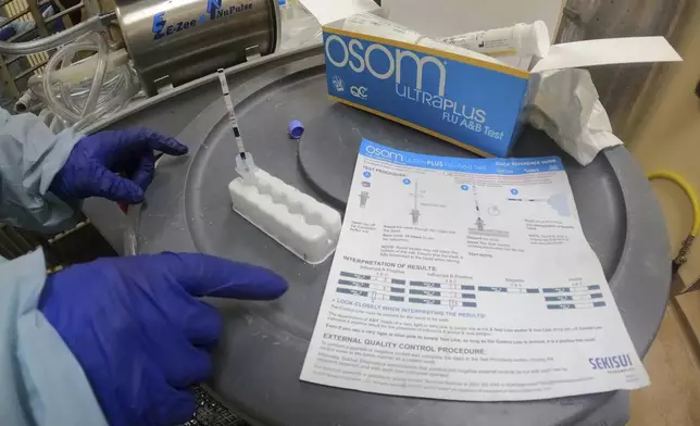 In this photo provided by the U.S. Department of Agriculture, a researcher performs a rapid antigen test on milk from a dairy cow inoculated against bird flu in a containment building at the National Animal Disease Center research facility in Ames, Iowa, on Monday, July 29, 2024. (USDA Agricultural Research Service via AP)