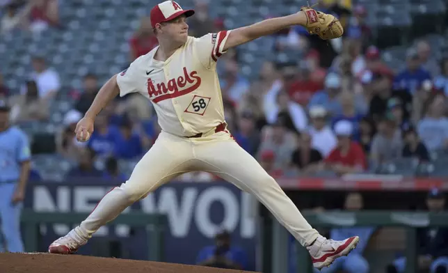 Los Angeles Angels' Davis Daniel delivers to the plate during the first inning of a baseball game against the Toronto Blue Jays, Monday, Aug. 12, 2024, in Anaheim, Calif. (AP Photo/Jayne-Kamin-Oncea)