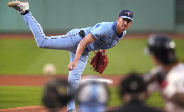 Toronto Blue Jays pitcher Chris Bassitt delivers during the first inning of a baseball game against the Boston Red Sox at Fenway Park, Wednesday, Aug. 28, 2024, in Boston. (AP Photo/Charles Krupa)