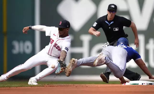 Toronto Blue Jays' Davis Schneider, right, steals second as Boston Red Sox shortstop Ceddanne Rafaela fields the throw during the second inning of a baseball game at Fenway Park, Monday, Aug. 26, 2024, in Boston. At rear is umpire Brennan Miller. (AP Photo/Charles Krupa)