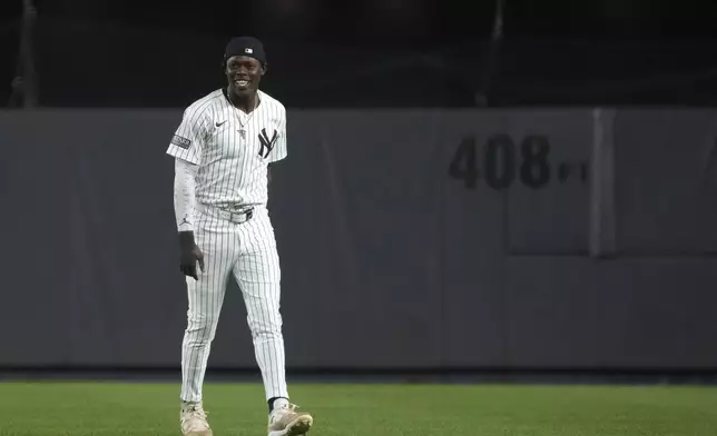 New York Yankees' Jazz Chisholm Jr. stands on the field before a baseball game against the Toronto Blue Jays, Friday, Aug. 2, 2024, in New York. (AP Photo/Pamela Smith)