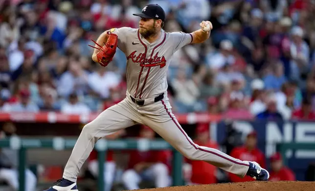 Atlanta Braves starting pitcher Chris Sale throws during the first inning of a baseball game against the Los Angeles Angels, Saturday, Aug. 17, 2024, in Anaheim, Calif. (AP Photo/Ryan Sun)