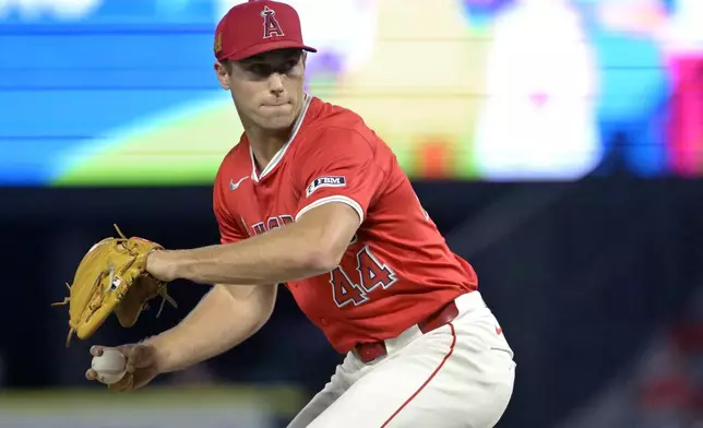 Los Angeles Angels' Ben Joyce, pitches against the Atlanta Braves in the eighth inning of a baseball game Friday, Aug. 16, 2024, in Anaheim, Calif. (AP Photo/Jayne Kamin-Oncea)