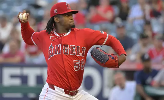 Los Angeles Angels' Jose Soriano delivers to the plate during the first inning of a baseball game against the Atlanta Braves, Friday, Aug. 16, 2024, in Anaheim, Calif. (AP Photo/Jayne Kamin-Oncea)