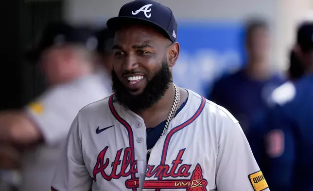 Atlanta Braves designated hitter Marcell Ozuna reacts after a baseball game against the Los Angeles Angels, Sunday, Aug. 18, 2024, in Anaheim, Calif. (AP Photo/Ryan Sun)