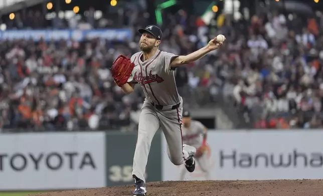 Atlanta Braves pitcher Chris Sale works against the San Francisco Giants during the fifth inning of a baseball game in San Francisco, Monday, Aug. 12, 2024. (AP Photo/Jeff Chiu)