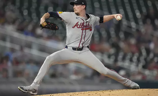 Atlanta Braves starting pitcher Max Fried delivers during the first inning of a baseball game against the Minnesota Twins, Monday, Aug. 26, 2024, in Minneapolis. (AP Photo/Abbie Parr)