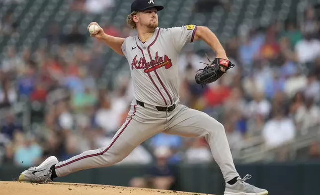 Atlanta Braves starting pitcher Spencer Schwellenbach delivers during the first inning of a baseball game against the Minnesota Twins, Tuesday, Aug. 27, 2024, in Minneapolis. (AP Photo/Abbie Parr)