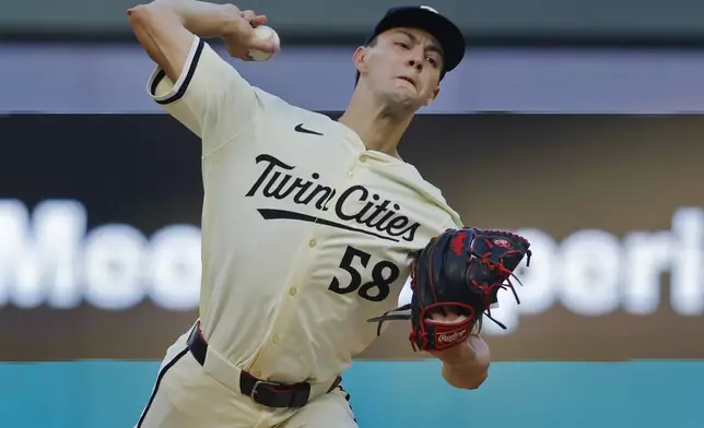 Minnesota Twins starting pitcher David Festa throws to the Atlanta Braves in the first inning of a baseball game Wednesday, Aug. 28, 2024, in Minneapolis. (AP Photo/Bruce Kluckhohn)