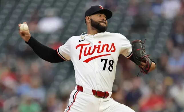 Minnesota Twins starting pitcher Simeon Woods Richardson (78) delivers during the first inning of a baseball game against the Atlanta Braves, Tuesday, Aug. 27, 2024, in Minneapolis. (AP Photo/Abbie Parr)