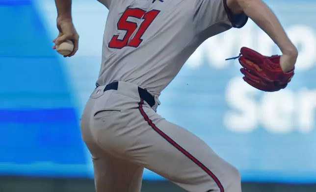 Atlanta Braves starting pitcher Chris Sale throws to the Minnesota Twins in the first inning of a baseball game Wednesday, Aug. 28, 2024, in Minneapolis. (AP Photo/Bruce Kluckhohn)