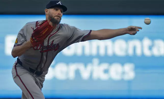 Atlanta Braves starting pitcher Chris Sale throws to the Minnesota Twins in the first inning of a baseball game Wednesday, Aug. 28, 2024, in Minneapolis. (AP Photo/Bruce Kluckhohn)