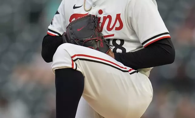 Minnesota Twins starting pitcher Simeon Woods Richardson winds up to deliver during the first inning of a baseball game against the Atlanta Braves, Tuesday, Aug. 27, 2024, in Minneapolis. (AP Photo/Abbie Parr)