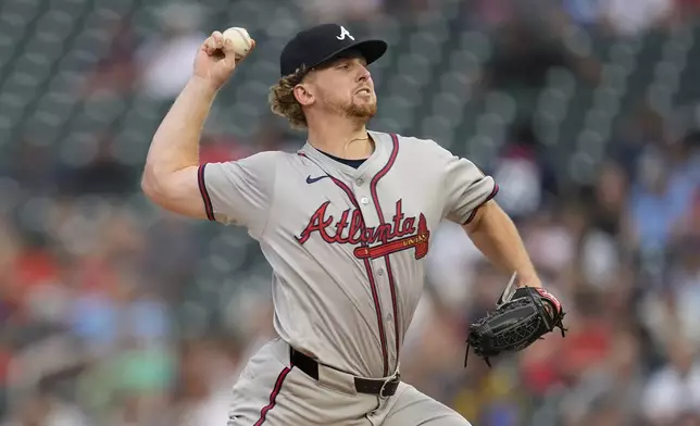 Atlanta Braves starting pitcher Spencer Schwellenbach delivers during the first inning of a baseball game against the Minnesota Twins, Tuesday, Aug. 27, 2024, in Minneapolis. (AP Photo/Abbie Parr)