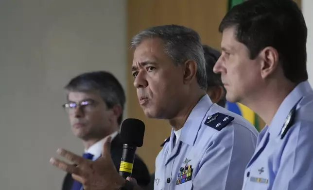 Brigadier Marcelo Moreno, head of the National Air Accident Investigation Center, gives a press conference about the Vinhedo plane crash, in Brasilia, Brazil, Friday, Aug. 9, 2024. (AP Photo/Eraldo Peres)