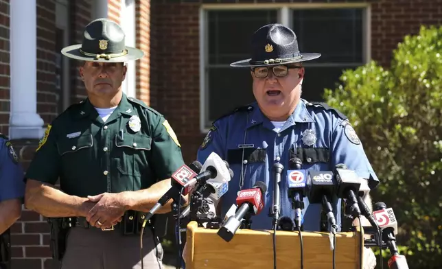 Col. William Ross, chief of Maine State Police, speaks during a news conference after a man connected to a homicide was fatally shot by police on a bridge that connects New Hampshire to Maine, and found an 8-year-old child shot to death in the man's car, Thursday, Aug. 29, 2024 in Kittery, Maine. (AP Photo/Rodrique Ngowi)