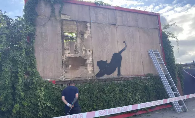 Contractors begin to dismantle a billboard with the new Banksy artwork depicting a stretching cat in Cricklewood, north-west London, Saturday, August 10, 2024. (Jordan Reynolds/PA via AP)