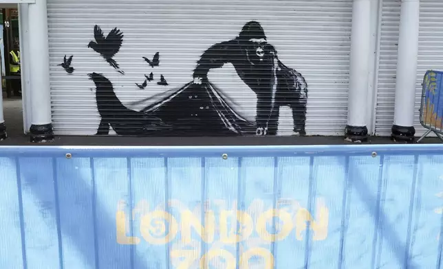 The new artwork unveiled by Banksy at London Zoo, depicting a gorilla lifting up a shutter at the entrance allowing a number of birds to escape, while the eyes of other animals can be seen lurking in the darkness, the ninth artwork in his animal-themed collection, in London, Tuesday Aug. 13, 2024. (Stefan Rousseau/PA via AP)