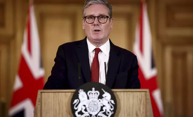 Britain's Prime Minister Keir Starmer speaks during a press conference at 10 Downing Street, London, England, Thursday, August 1, 2024, following clashes after the Southport stabbing. The Prime Minister says he will set a national policing unit to crack down on violent protesters after clashes with police across England on the past two nights. (Henry Nicholls/Pool Photo via AP)