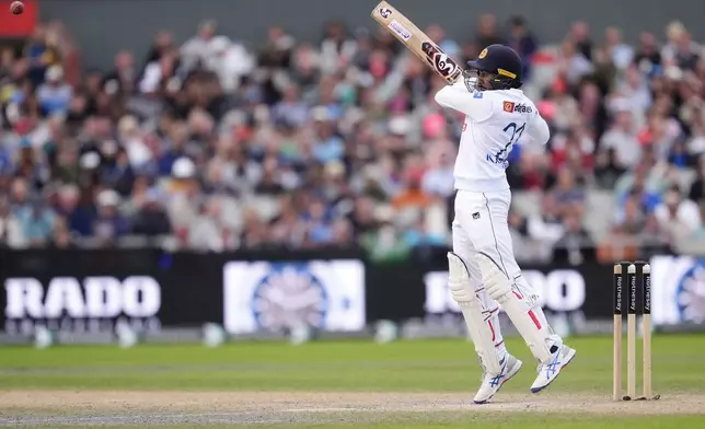 Sri Lanka's Kamindu Mendi bats on day three of the First Test match between England and Sri Lanka at Emirates Old Trafford, Manchester, England, Friday Aug. 23, 2024. (Nick Potts/PA via AP)