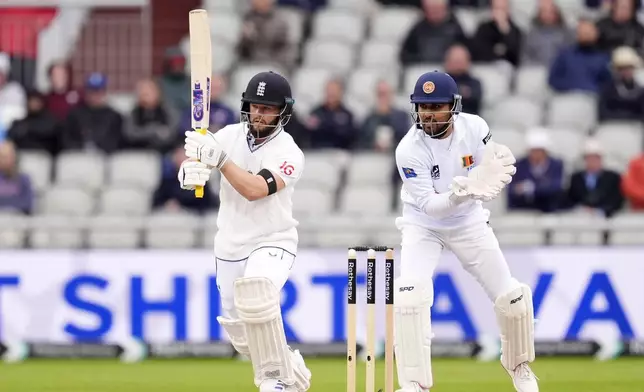 England's Ben Duckett bats on day one of the First Test match between England and Sri Lanka at Emirates Old Trafford, Manchester, England, Wednesday Aug. 21, 2024. (Nick Potts/PA via AP)