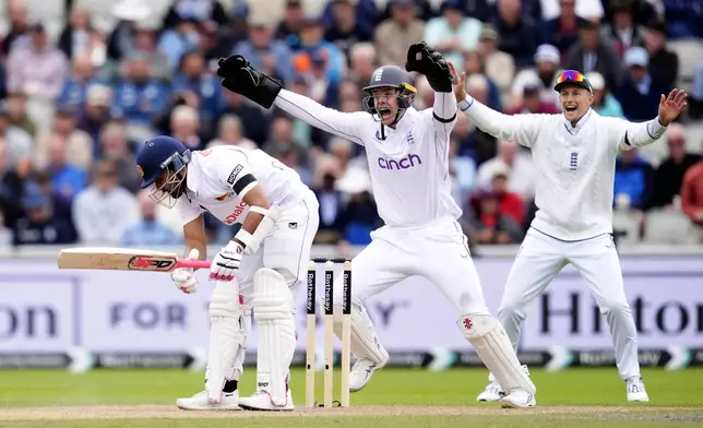 Sri Lanka's Dinesh Chandimal LBW by England's Shoaib Bashir on day one of the First Test match between England and Sri Lanka at Emirates Old Trafford, Manchester, England, Wednesday Aug. 21, 2024. (Nick Potts/PA via AP)