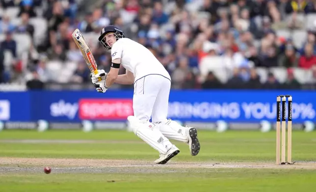 England's Harry Brook in action on day two of the First Test match between England and Sri Lanka at Emirates Old Trafford, Manchester, England, Thursday Aug. 22, 2024. (Nick Potts/PA via AP)