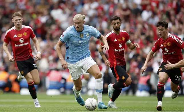 Manchester City forward Erling Haaland controls the ball during the FA Community Shield soccer match between Manchester City and Manchester United at Wembley Stadium in London, Saturday, Aug. 10, 2024. (AP Photo/David Cliff)