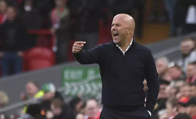 Liverpool's manager Arne Slot reacts during the English Premier League soccer match between Liverpool and Brentford at Anfield Stadium, Liverpool, England, Sunday, Aug. 25, 2024. (AP Photo/Rui Vieira)