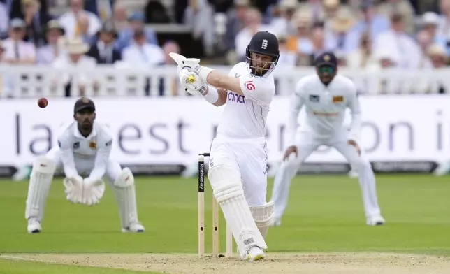 England's Ben Duckett bats, during day one of the men's Test cricket match between England and Sri Lanka, at Lord's, in London, Thursday, Aug. 29, 2024. (John Walton/PA via AP)