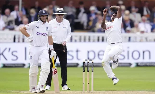 Sri Lanka's Asitha Fernando bowls during day one of the second Test cricket match between England and Sri Lanka, at Lord's, in London, Thursday, Aug. 29, 2024. (John Walton/PA via AP)