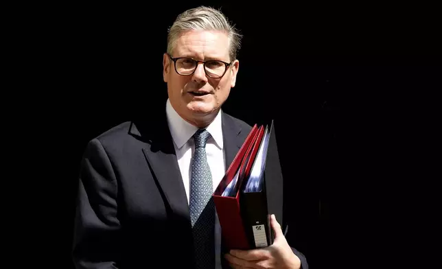 FILE - Britain's Prime Minister Keir Starmer leaves 10 Downing Street to attend the weekly Prime Ministers' Questions session in parliament in London, July 24, 2024. (AP Photo/Frank Augstein, File)