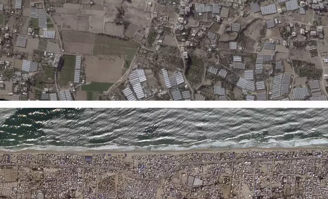 CORRECTS TOWN NAME This satellite photo combination from Planet Labs shows Muwasi, a Palestinian town on the southern coast of the Gaza Strip that Israel calls a "humanitarian zone", in May 2023. top, and with tent camps Aug. 2024, below. (Planet Labs via AP)